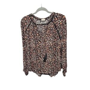 Mason & Belle Floral Tassel Tie Peasant Blouse Black XL Boho Long Sleeve Top